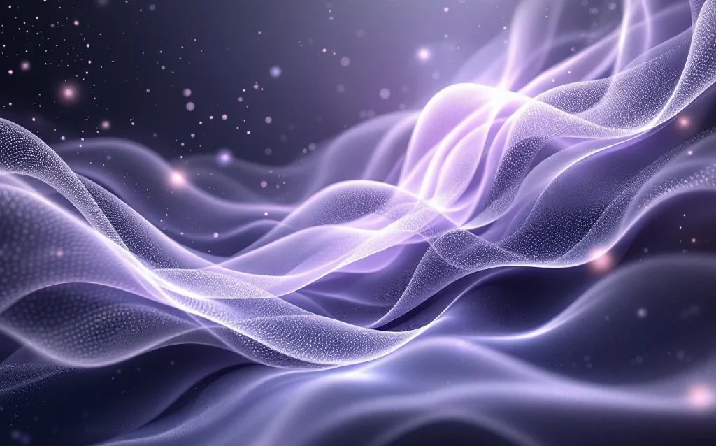 Abstract data streams in purple and gray spiral upward, forming neural patterns with glass-like surfaces suggesting AI transformation