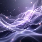 Abstract data streams in purple and gray spiral upward, forming neural patterns with glass-like surfaces suggesting AI transformation