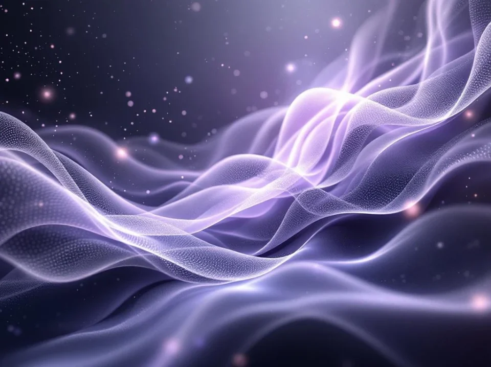 Abstract data streams in purple and gray spiral upward, forming neural patterns with glass-like surfaces suggesting AI transformation