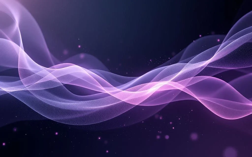 Abstract purple and gray light ribbons spiral upward through dark gradient, forming elegant patterns suggesting data flow and AI