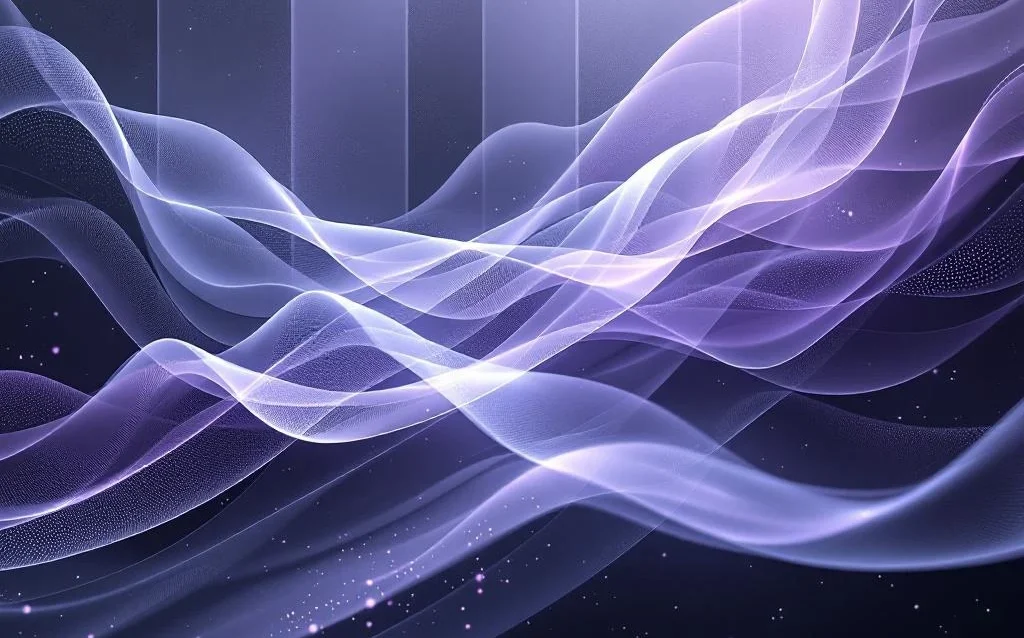 Abstract purple and gray light ribbons flowing through geometric glass panels with neural network patterns and data visualization effects