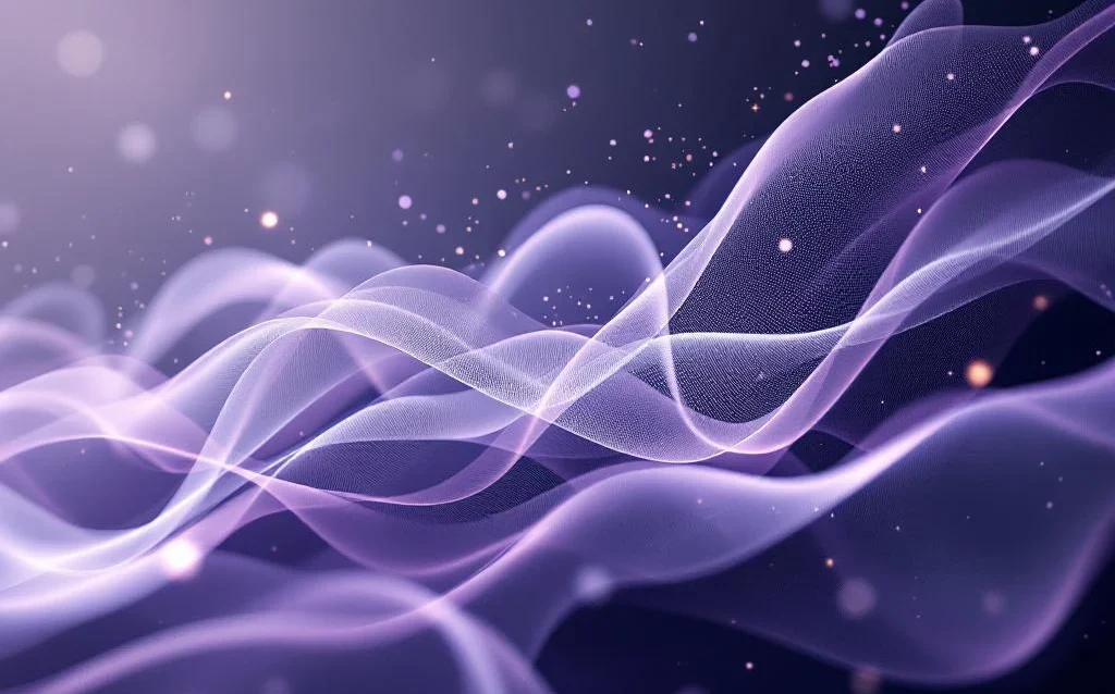 Abstract digital visualization with flowing purple and gray light ribbons weaving through geometric shapes suggesting data transformation