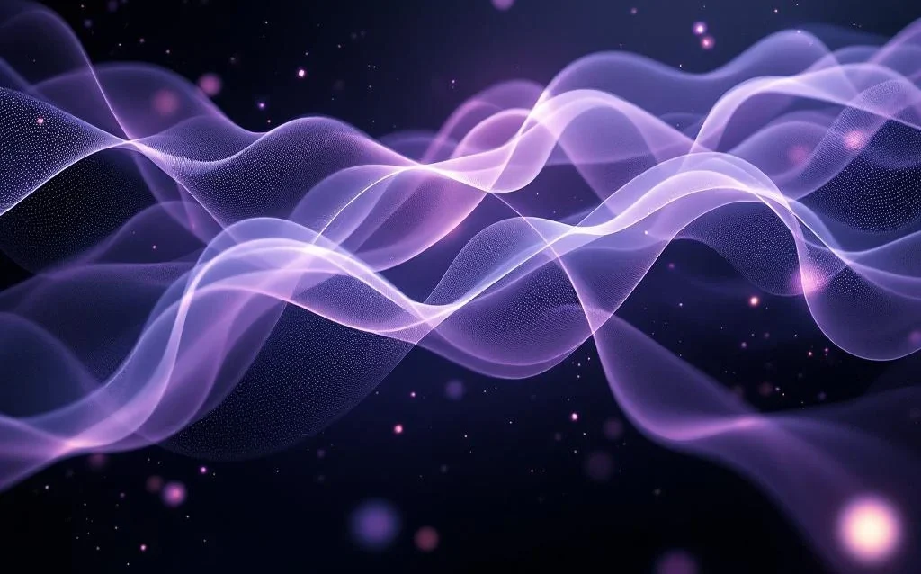 Abstract purple and gray light ribbons flowing through dark background, forming glowing neural network connections