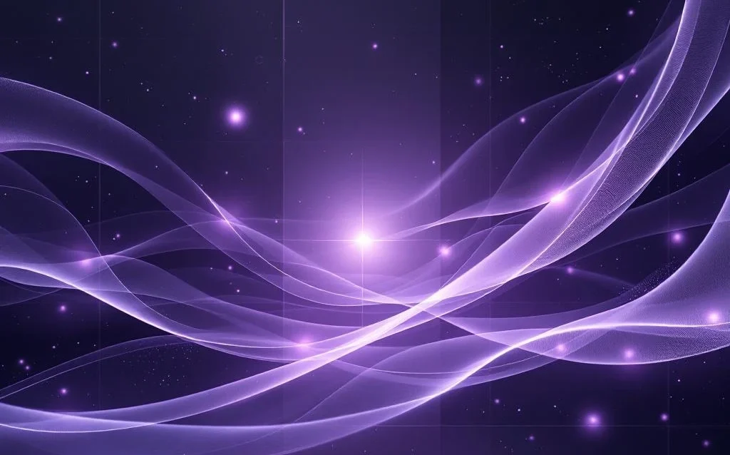Abstract purple and silver light ribbons flowing through geometric glass panels with holographic data streams and bokeh effects