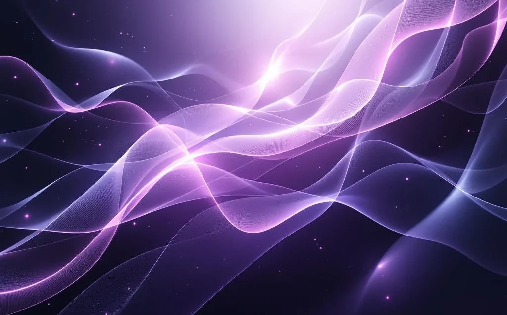 Abstract purple and gray light ribbons flow through dark space with floating glass panels, creating a digital data visualization