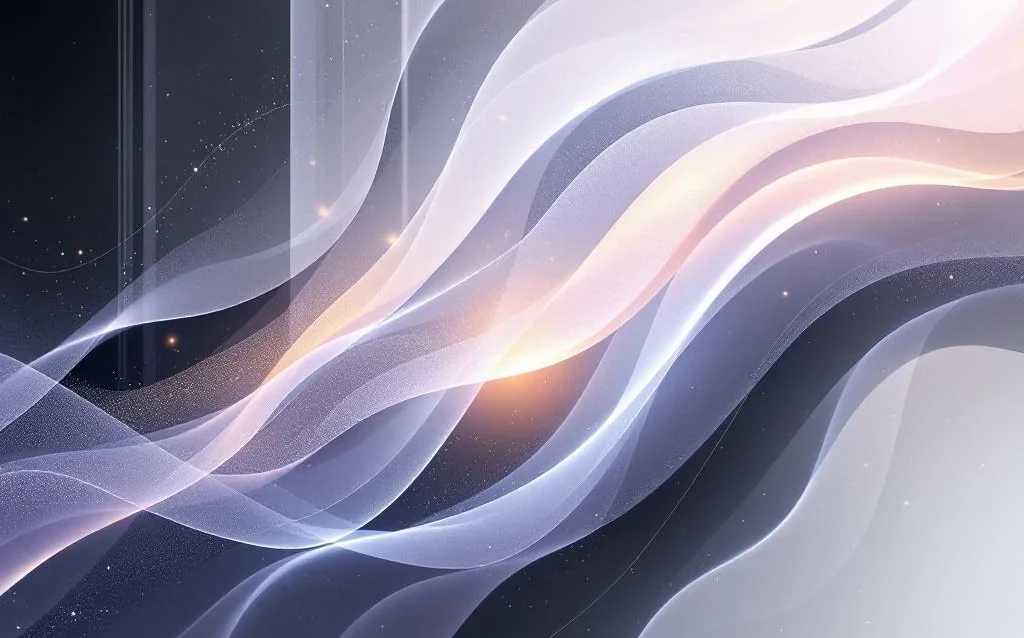Abstract flowing purple and gray light ribbons weaving through geometric glass panels with glowing white center and neural patterns