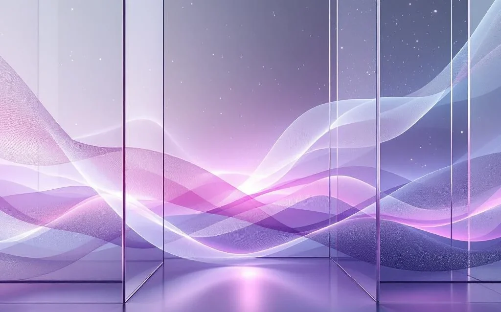 Abstract purple and gray light ribbons flow through geometric glass panels, creating dynamic waves from a central point