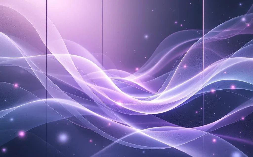 Abstract purple and gray light ribbons spiral through geometric glass panels, creating flowing digital communication pathways