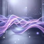 Abstract purple and gray light ribbons flow through geometric glass panels, creating layers of transparency and digital energy