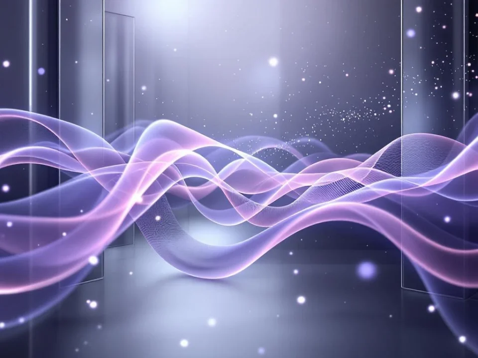 Abstract purple and gray light ribbons flow through geometric glass panels, creating layers of transparency and digital energy