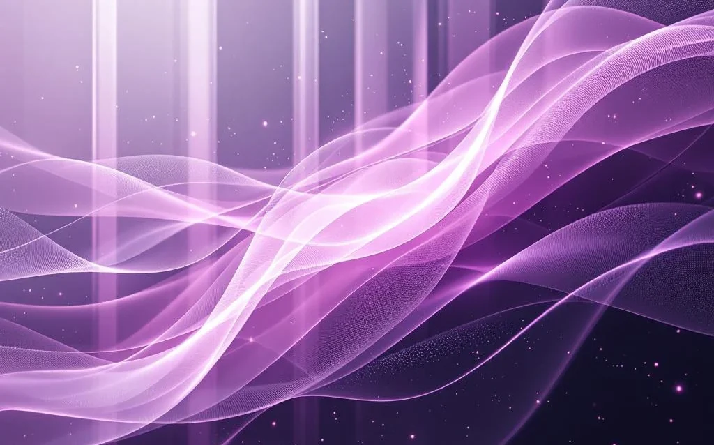 Abstract purple and gray light ribbons flow through transparent geometric panels with holographic particles and data streams