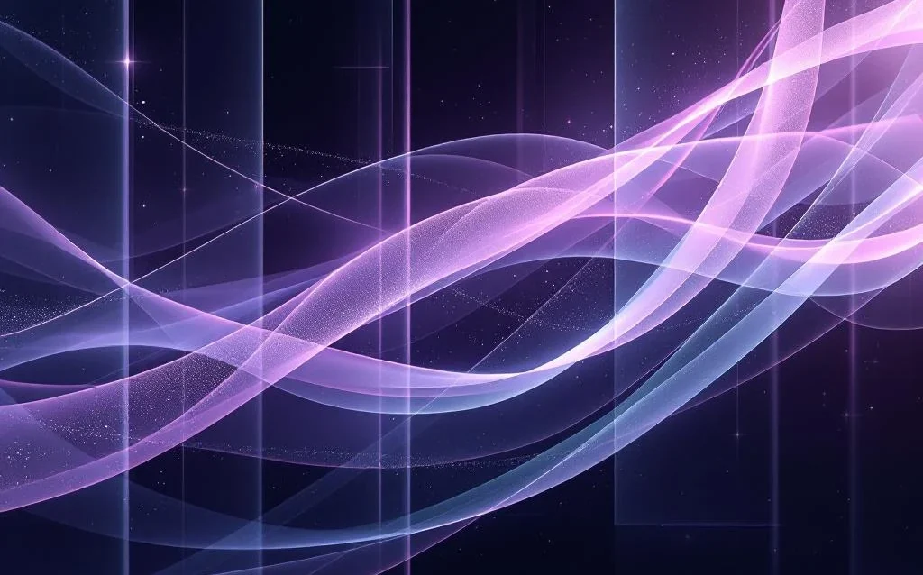 Abstract purple and gray light ribbons flow through geometric glass panels, suggesting data streams and digital transformation