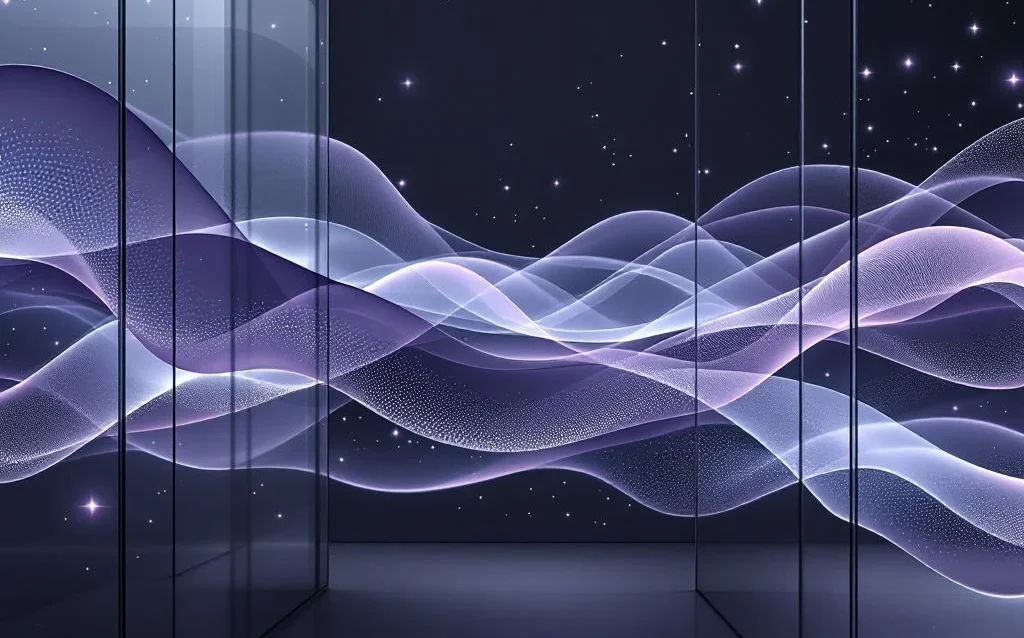 Flowing purple and silver light ribbons weave through geometric glass panels, creating neural pathway patterns in minimalist design