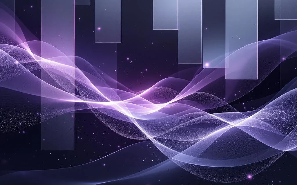Abstract purple and gray light ribbons spiral through frosted glass layers with glowing particles in dark gradient background