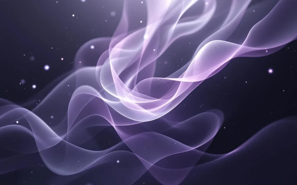 Abstract flowing light ribbons in purple and gray spiral through geometric shapes, suggesting knowledge transfer and digital learning