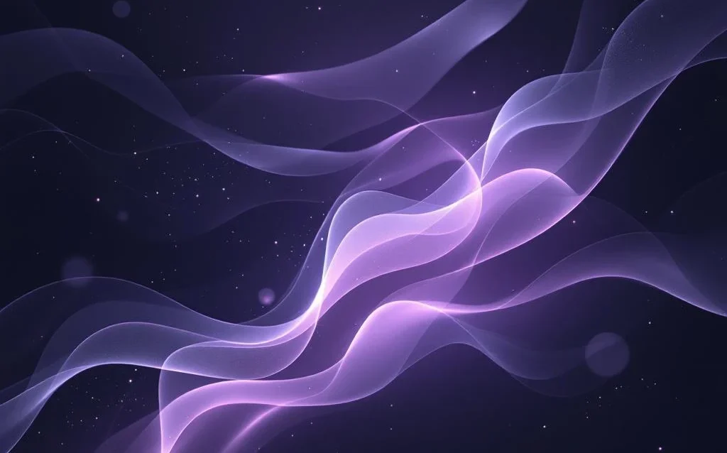 Abstract purple and gray light ribbons flowing through dark space, suggesting data streams and neural connections