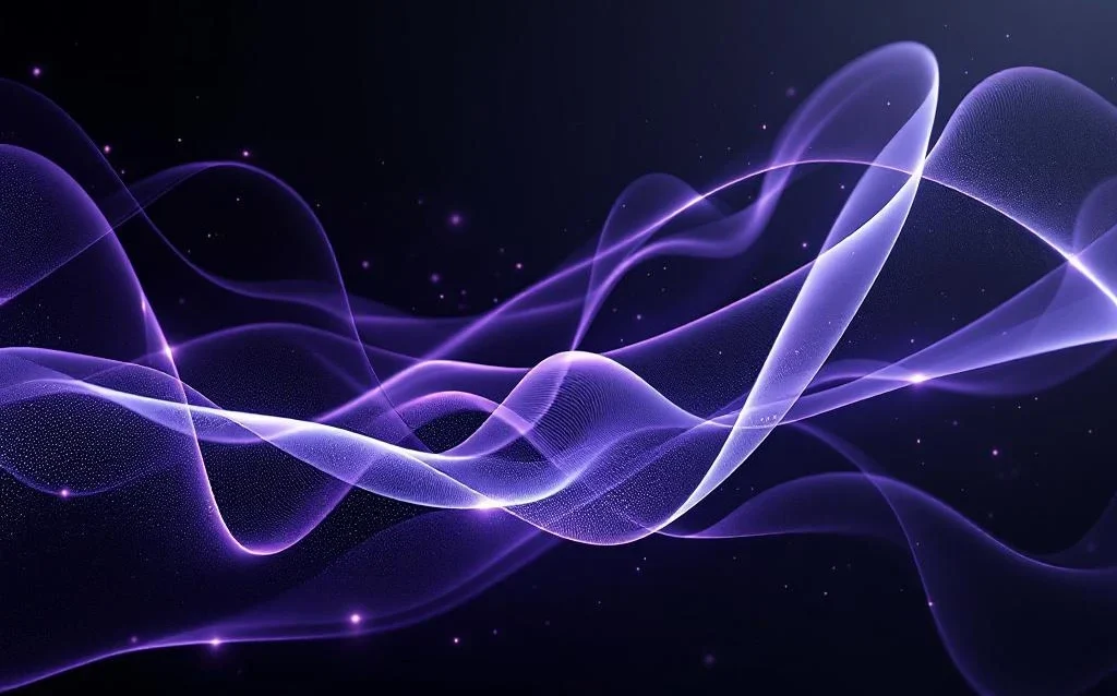 Abstract purple and gray light ribbons flow through dark gradient, forming neural network pattern with glowing nodes