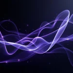 Abstract purple and gray light ribbons flow through dark gradient, forming neural network pattern with glowing nodes