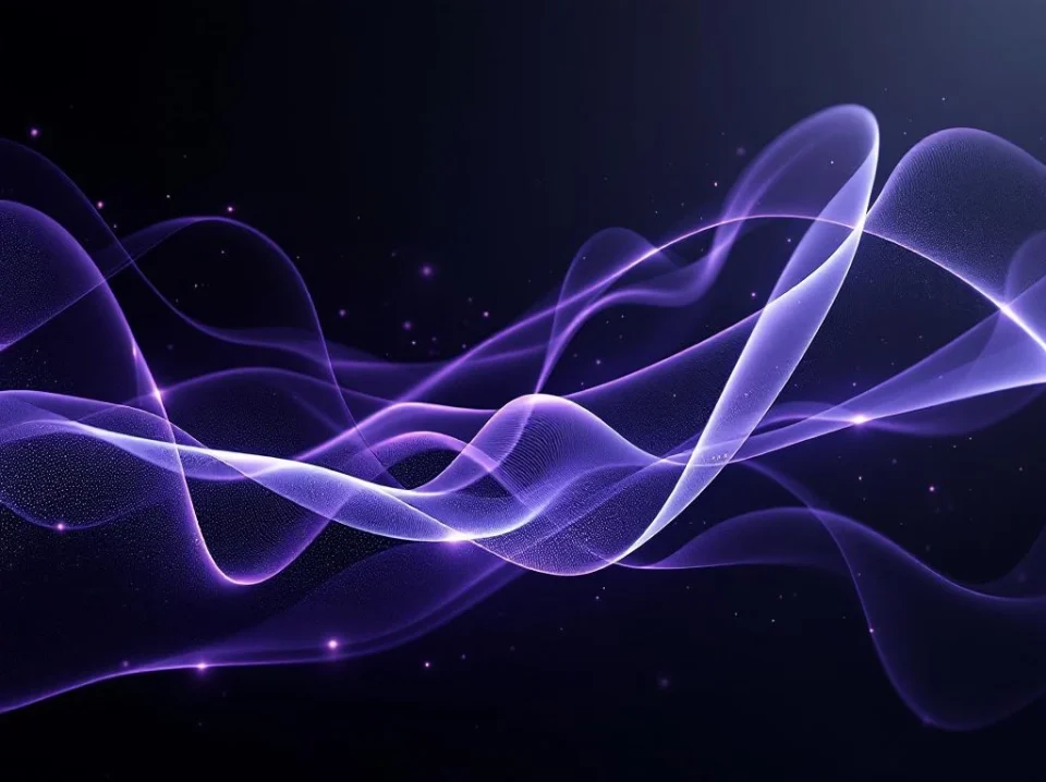 Abstract purple and gray light ribbons flow through dark gradient, forming neural network pattern with glowing nodes