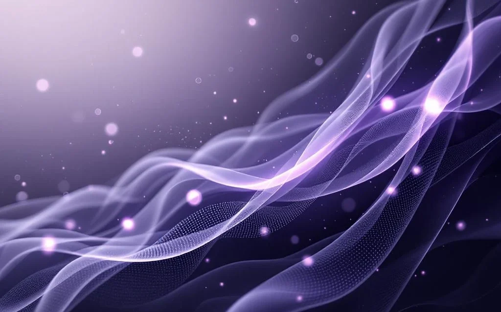 Abstract flowing purple and gray light ribbons forming neural pathways against dark gradient background with glowing nodes