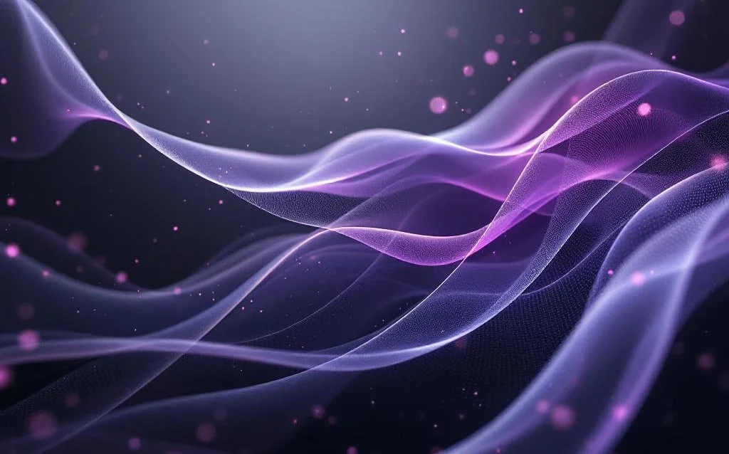 Abstract purple and silver light ribbons flow through dark space with glowing nodes and geometric shapes suggesting data streams