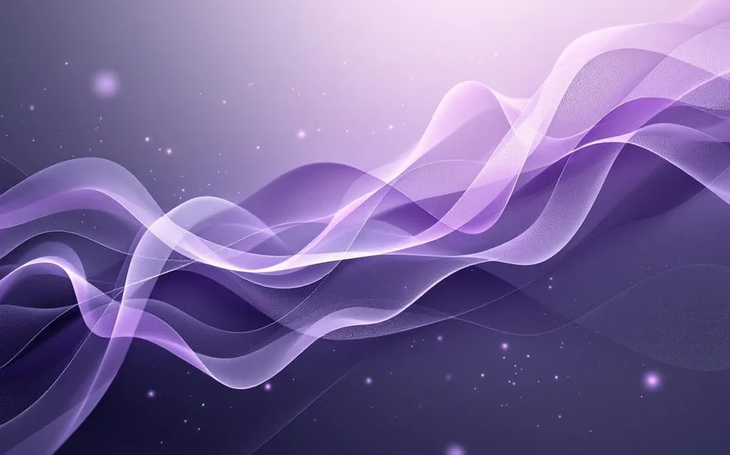 Abstract purple and gray light ribbons flowing through dark gradient background with geometric layers and glowing data particles