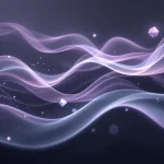 Flowing purple and silver light ribbons spiral through dark space with floating glass fragments, suggesting digital neural pathways