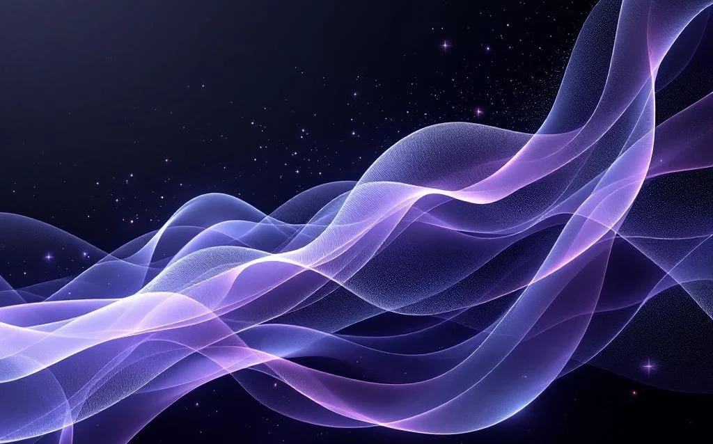 Abstract purple and gray light ribbons flowing through dark space with geometric glass panels and glowing data particles