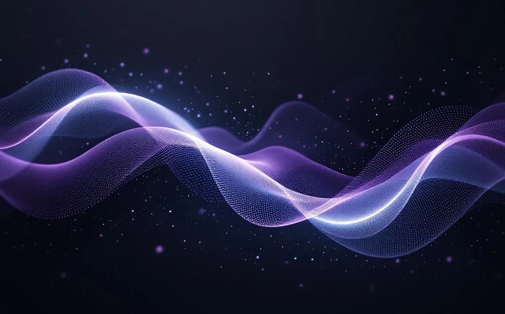 Two luminescent particle streams in purple and silver interweaving through dark space, forming neural-like connections