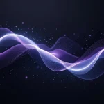 Two luminescent particle streams in purple and silver interweaving through dark space, forming neural-like connections