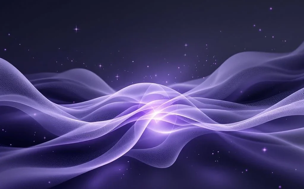 Flowing purple and silver light streams converge at crystalline node, with geometric particles floating through gradient space