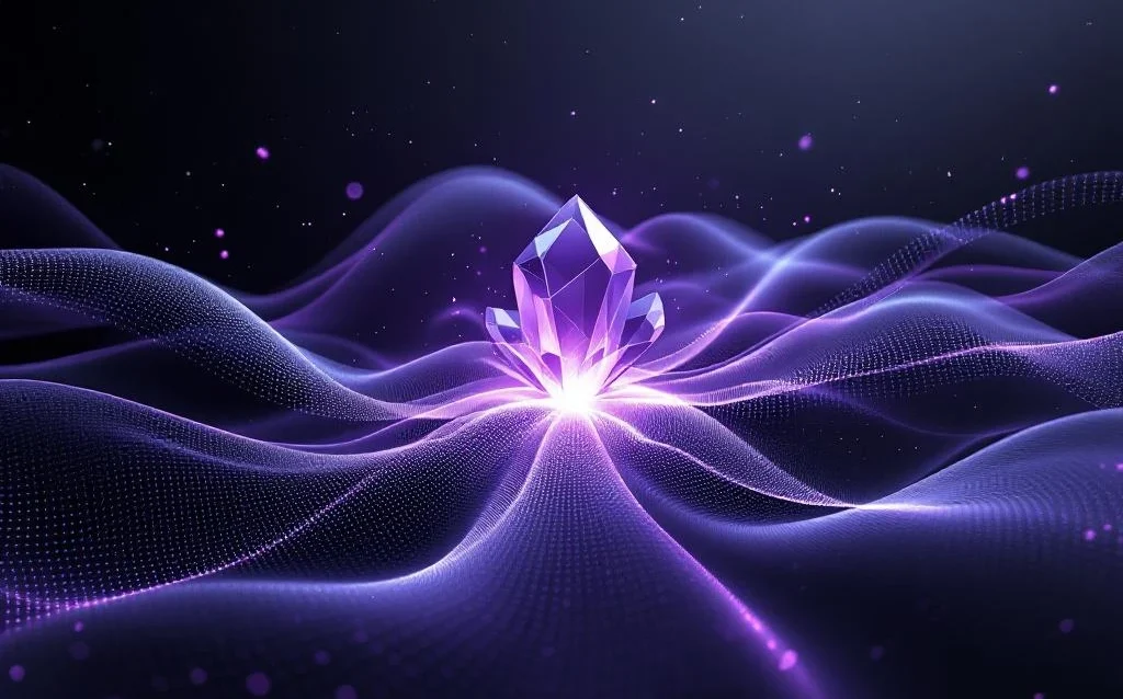 Purple and silver light streams converge at crystalline node, forming ethereal AI knowledge network on gradient gray background