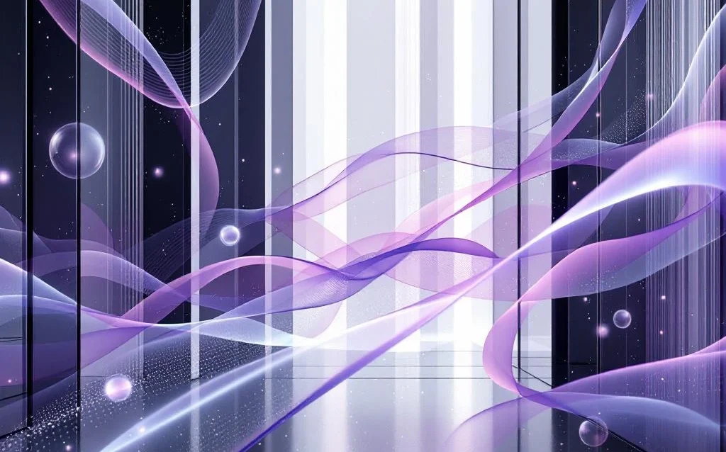 Abstract light ribbons in purple and gray flow through geometric glass panels, with glowing orbs suggesting AI-powered learning paths