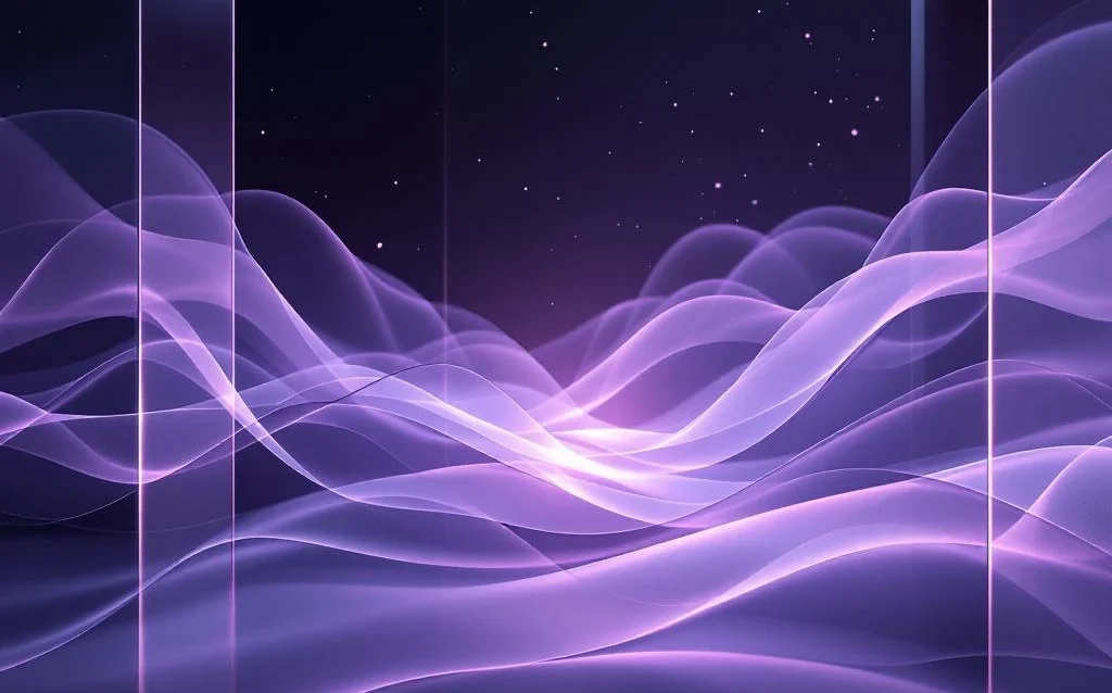 Abstract purple and gray light ribbons flow through geometric glass panels, creating depth with particles suggesting AI intelligence