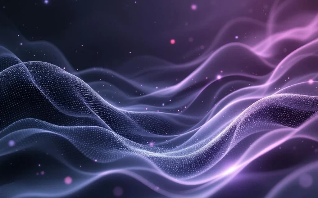Abstract purple and gray data streams flowing into central void, representing AI limitations with ethereal light waves