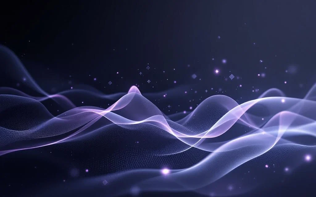 Abstract purple and gray light ribbons flow through dark space, forming neural pathways suggesting AI learning and data transfer