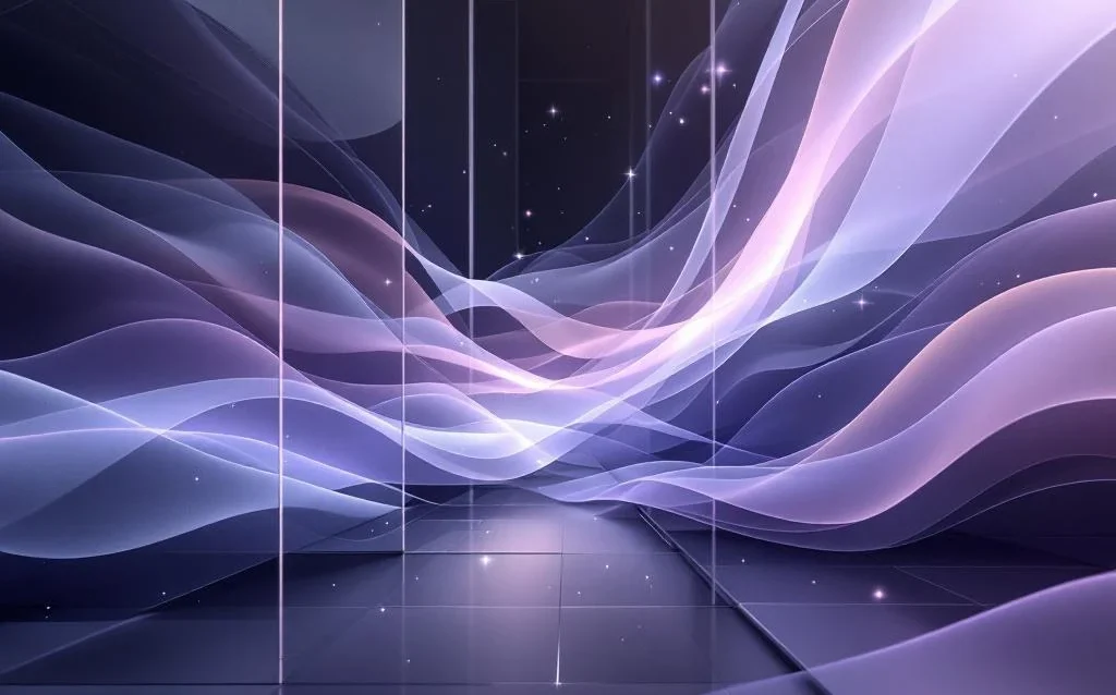 Abstract purple and gray light ribbons flowing through geometric glass panels with glowing particles, suggesting AI technology integration