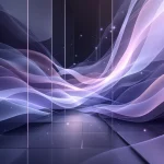 Abstract purple and gray light ribbons flowing through geometric glass panels with glowing particles, suggesting AI technology integration