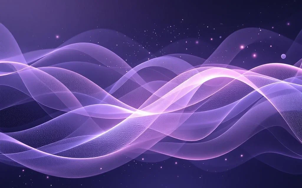Abstract flowing purple and silver light ribbons with geometric layers representing AI-enhanced learning and data visualization