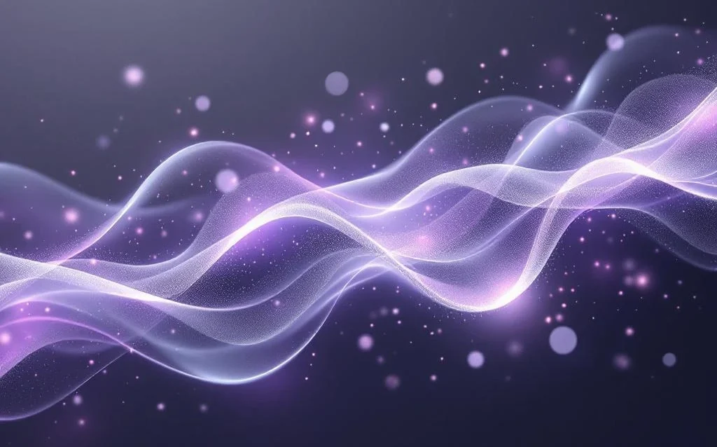 Abstract data visualization with purple and silver particles forming geometric shapes against dark background, suggesting analytics