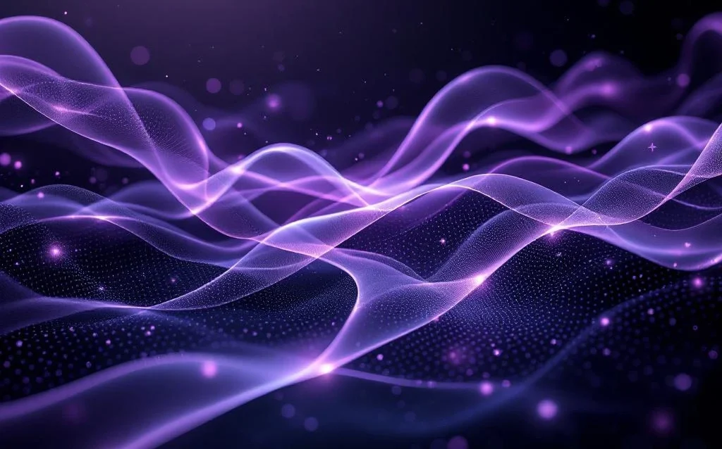 Flowing purple and silver light ribbons form neural network patterns through dark space with holographic textures and bokeh effects